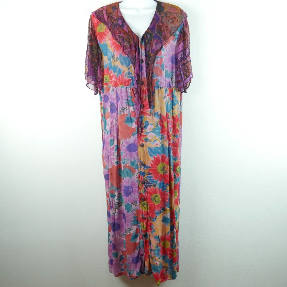 URU Dress Vintage 90s Mixed Media Maxi‎ Button Floral Romantic Artsy Boho O/S